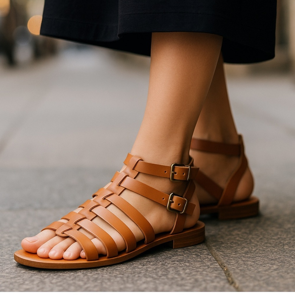 Barneys New York Tan Leather Multi-Strap Buckle Sandals